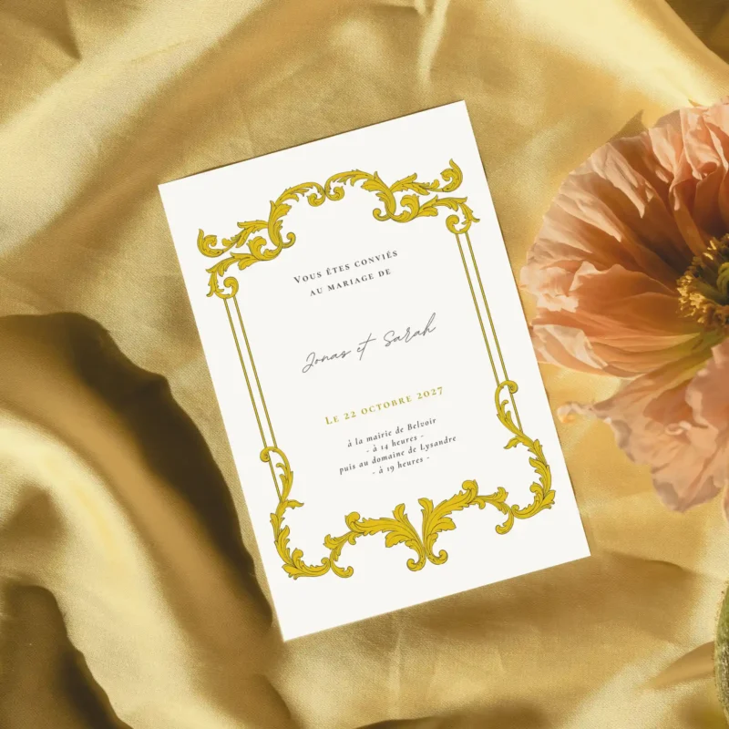 Faire-part de mariage Grand siècle, au design baroque au ton or - M&Heaven