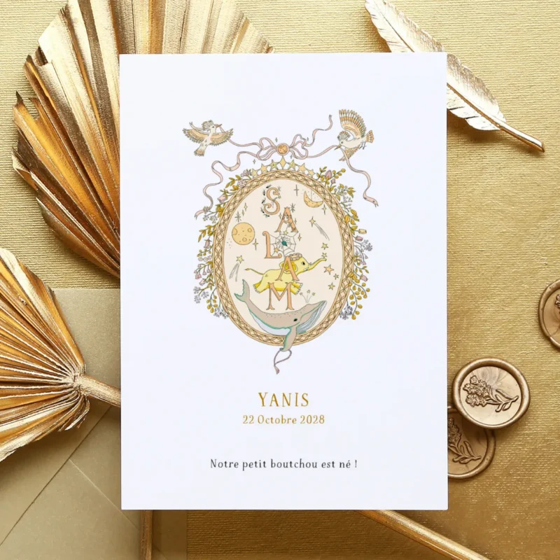 Mockup du faire-part de naissance Salam, style symbolique et poétique.