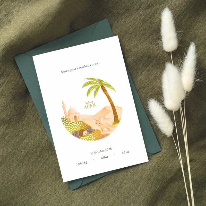 Mockup du faire-part de naissance Petit oasis, illustration tendre et colorée.