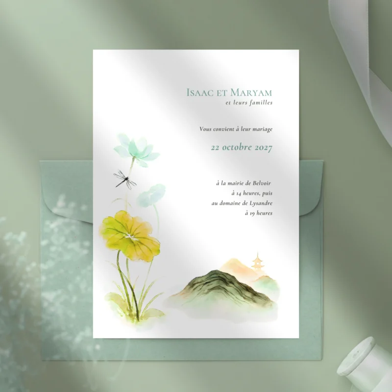 Visuel recto du faire-part de mariage Brume d’Orient, carte portrait à l’inspiration Asie orientale.