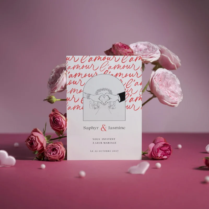 Faire-part de mariage L’amour — carte illustrée de deux mains formant un cœur sur un fond rouge où le mot “l’amour” est répété en calligraphie, modèle M&Heaven.