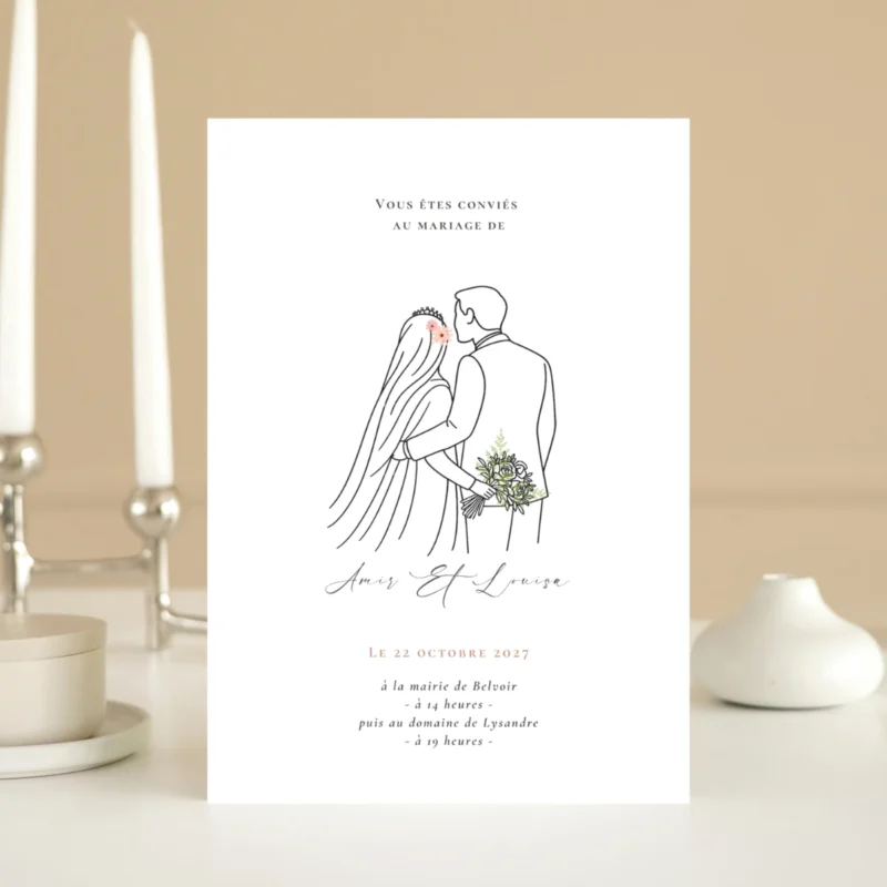 Faire-part de mariage M&Heaven - Tendres Vœux — illustration d’un couple avec une mariée portant un long voile