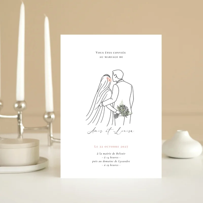 Faire-part de mariage M&Heaven - Tendres Vœux — illustration d’un couple avec une mariée portant un long voile.