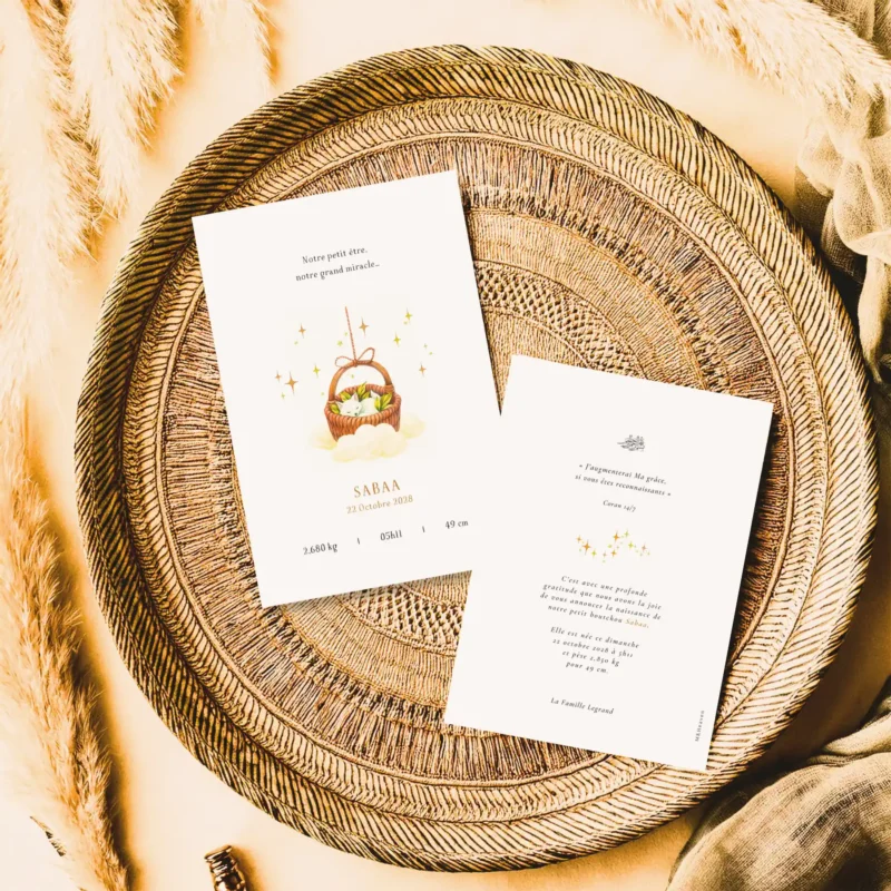 Mockup du faire-part de naissance Bercé par les nuages, style tendre et lumineux.