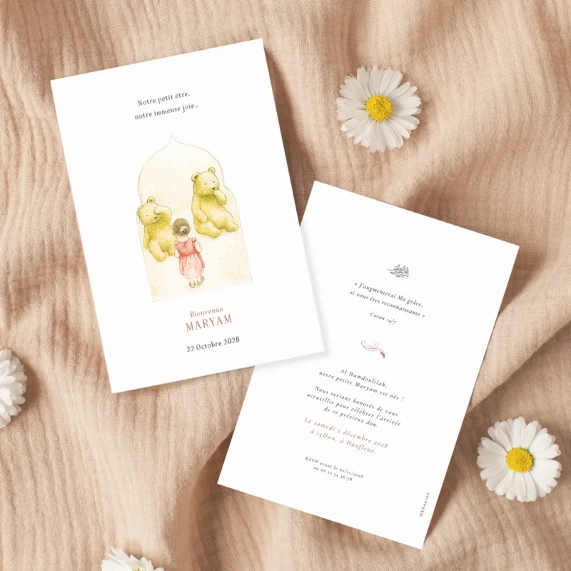 Mockup du faire-part de naissance Maryam, style tendre et délicat.