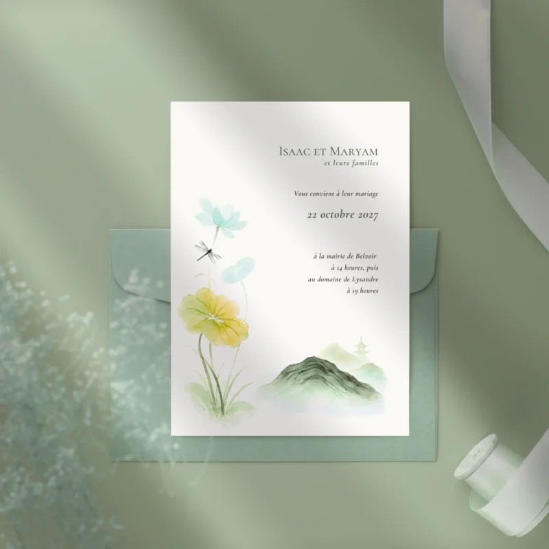 Visuel recto du faire-part de mariage Brume d’Orient, carte portrait à l’inspiration orientale discrète.