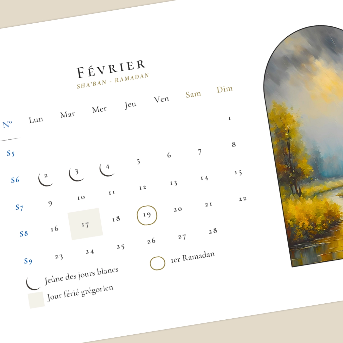 Détails du mois de février du calendrier musulman 2026 — numéros de semaine, jours fériés civils, mois hijri, jeûne des jours blancs, dates importantes et fêtes musulmanes. Thème bucolique.
