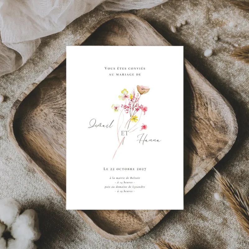 Faire-part de mariage illustré de fleurs délicates aux teintes douces, présenté au format portrait.