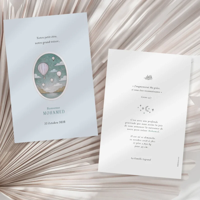 Mockup de faire-part de naissance Envol merveilleux avec montgolfières, style poétique et raffiné.