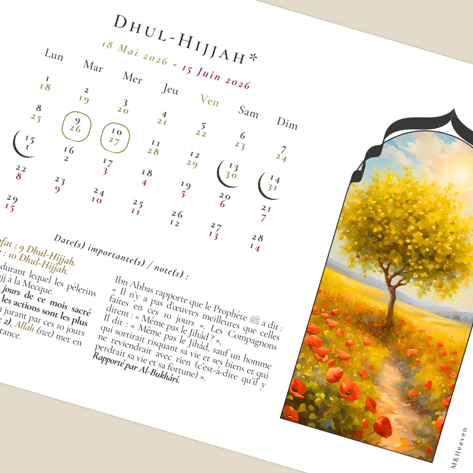 Détails du mois de Dhul-Hijjah, du calendrier hijri 1447 - M&Heaven. Illustration d'un champ de coquelicots - thème Nature
