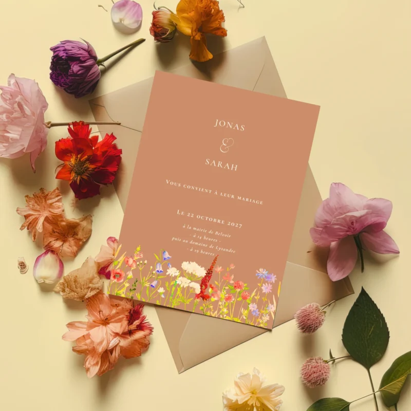 Faire-part de mariage illustré de fleurs des champs sur fond chaud, présenté au format portrait.