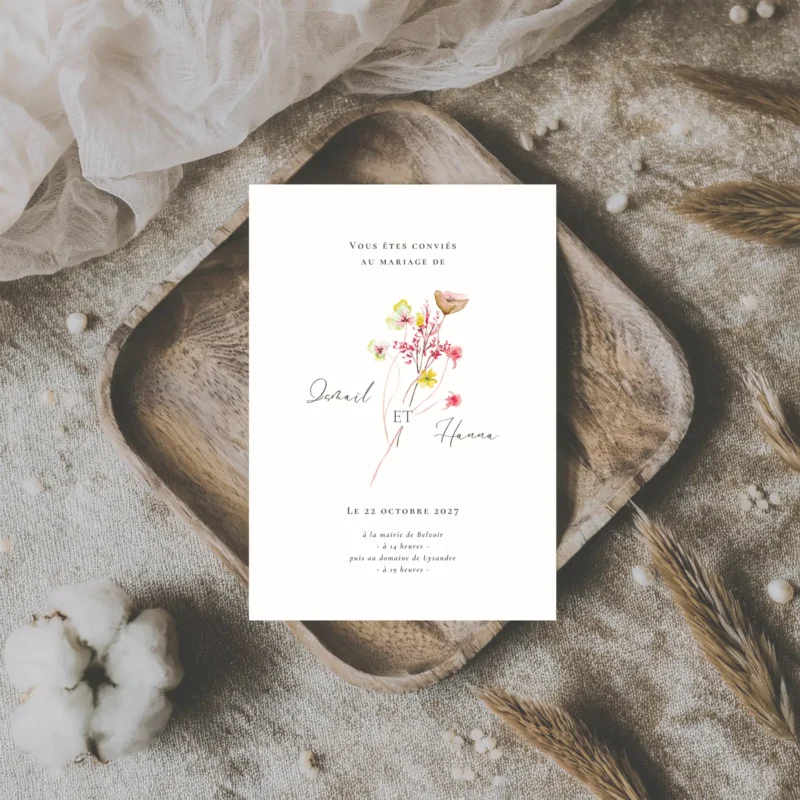 Faire-part de mariage illustré de fleurs délicates aux teintes douces, présenté au format portrait.
