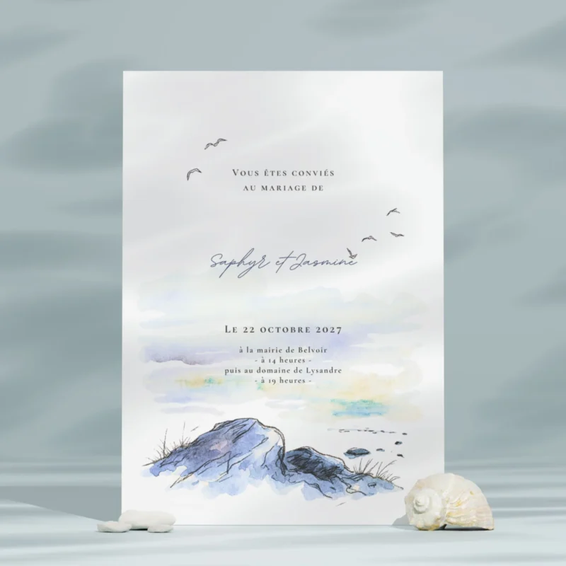 Faire-part de mariage illustré d’un paysage doux et épuré, présenté au format portrait