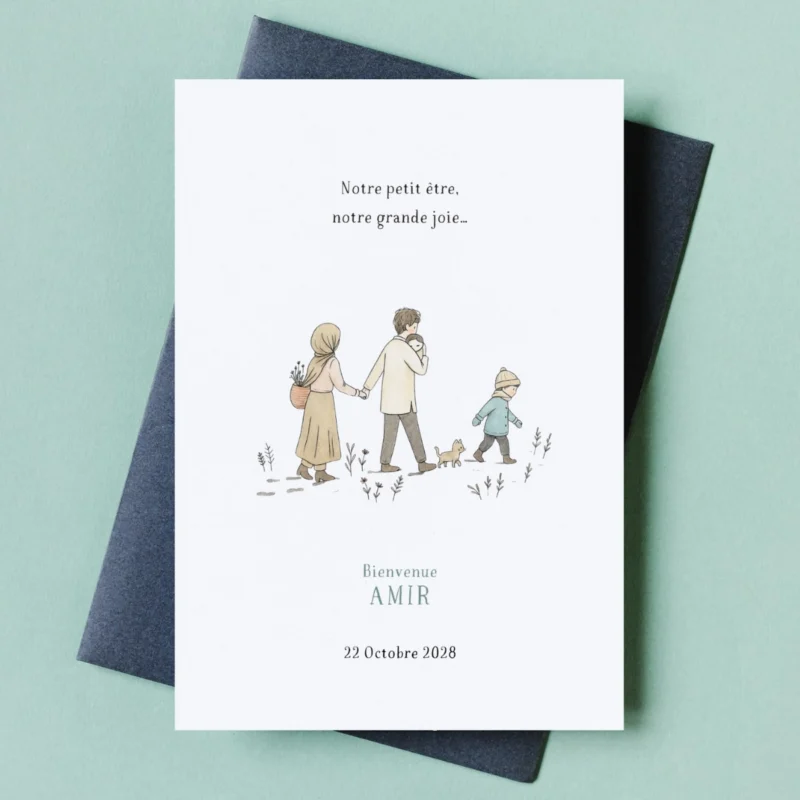 Faire-part de naissance illustré d'une petite famille dans un décors tendre et hivernale - M&Heaven