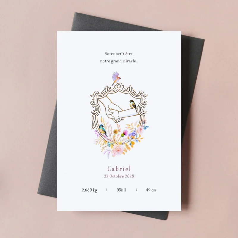 Le faire-part Précieux lien tout en douceur, orné de mains enlacées, d’oiseaux et de fleurs — pour annoncer votre grand miracle avec poésie