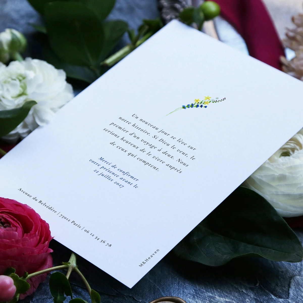 Verso du faire-part de mariage Bleuet – personnalisable
