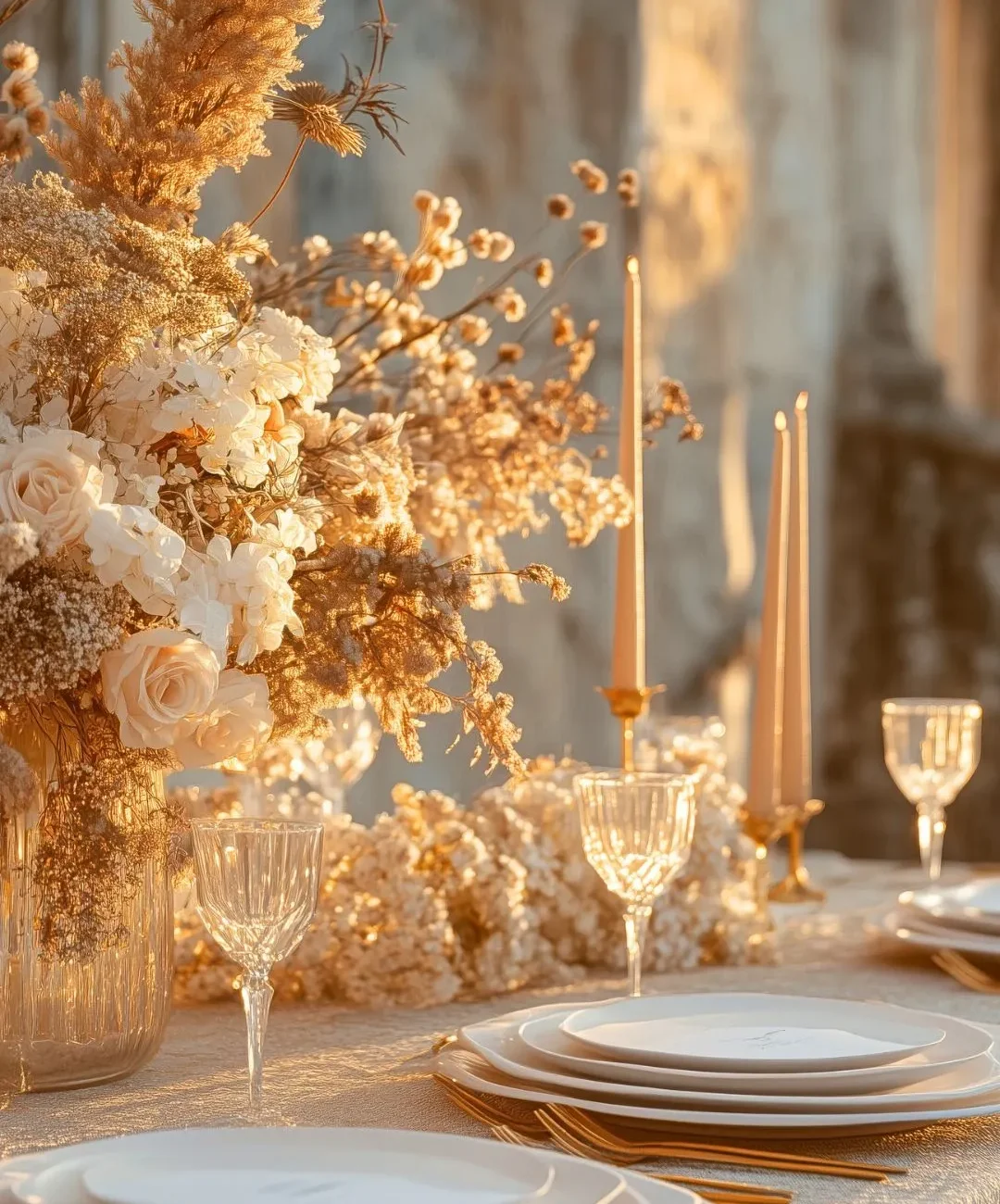 Table décorée de fleurs et de bougies au coucher du soleil - M&Heaven